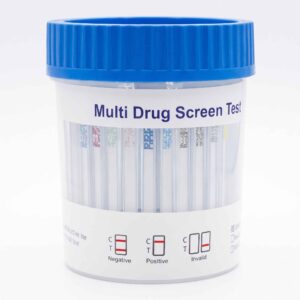 Narkotikatest Multi-6 urinkopp med integrert testpanel på hvit bakgrunn