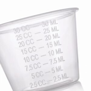 Nærbilde av måleskalaen preget i prøvebegeret, fra 2,5 til 30 ml